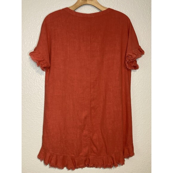 Umgee Linen Blend Top Size M Rust Burnt Orange Short Sleeve Raw Frayed Hem Boho - Picture 6 of 8